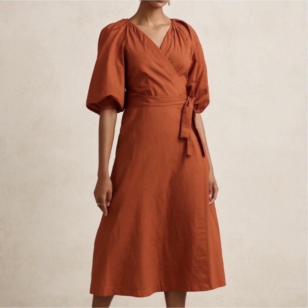 Banana Republic Blouson Sleeve Midi Dress S Rustic Orange Wrap Tie Waist Cottage